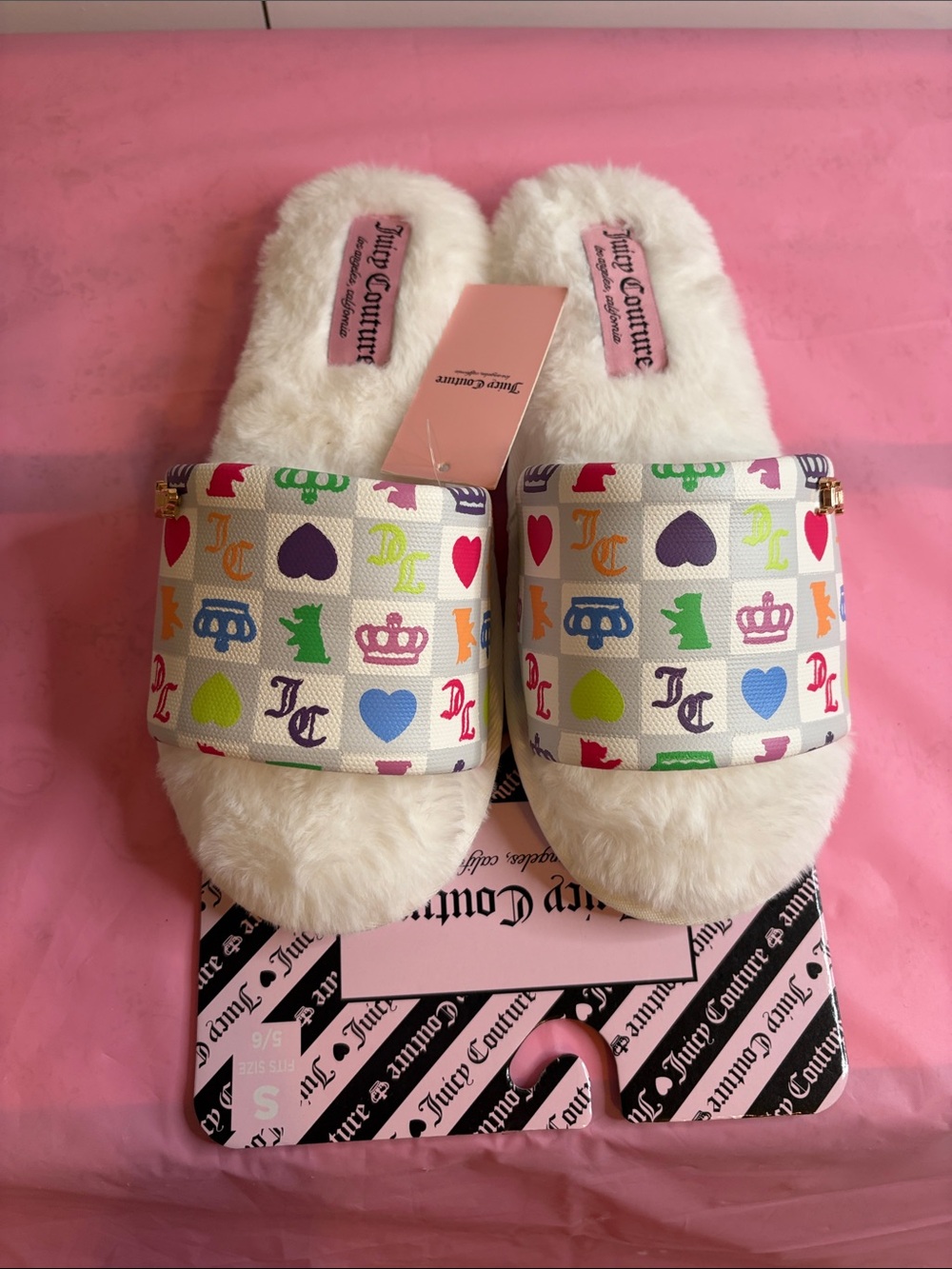 Juicy Couture White Faux Fur Slide Sandals with Multicolor Logo Strap